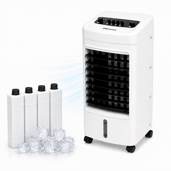 EMtronics 4-in-1 Evaporative Air Cooler, Fan and Humidifier, 3 Speed Settings, 4 Litre Water Tank, Portable 75W with 4 x Ice Packs - White
