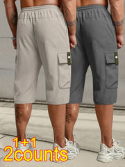 2pcs Men's Cargo Capri Pants with Drawstring Waist, Large Pockets, and Letter Patches for Summer, Fashion Casual Athletic Trousers