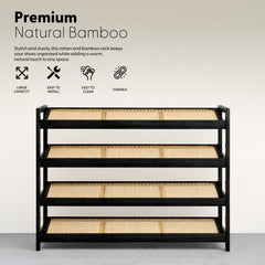 KEPLIN 2/3/4-Tier Bamboo and Rattan Shoe Rack Organizer – Durable, Easy Assembly – Compact Design for Entryway, Closet, or Hallway – Stylish and Functional Storage – Black and Natural