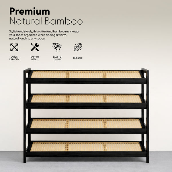 KEPLIN 2/3/4-Tier Bamboo and Rattan Shoe Rack Organizer – Durable, Easy Assembly – Compact Design for Entryway, Closet, or Hallway – Stylish and Functional Storage – Black and Natural