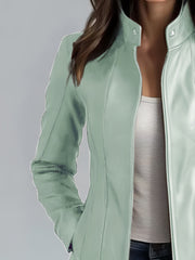 CHIDU Women's Leather Jacket, PU Slim-fit Retro Motorcycle Women's Jacket, Windproof Women's Jacket, Suitable for Spring, Autumn And Winter Jackets, Pockets, Zipper, Turtleneck, Global ALL, Mid-length Casual Women's Jacket