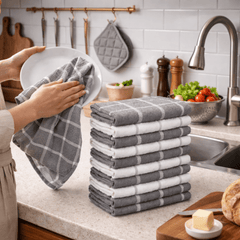Pack of 10 & 5 Terry Toweling 100% Cotton Dish Cloths Catering Bar Towel Super Absorbent Lint Free Quick Dry Heavy Duty Soft Kitchen Tea Towels Dishcloths for Washing Up Scrubbing Machine Washable Extra Large 70 X 40 Cm (Black/ Blue/red Multicolor Check P
