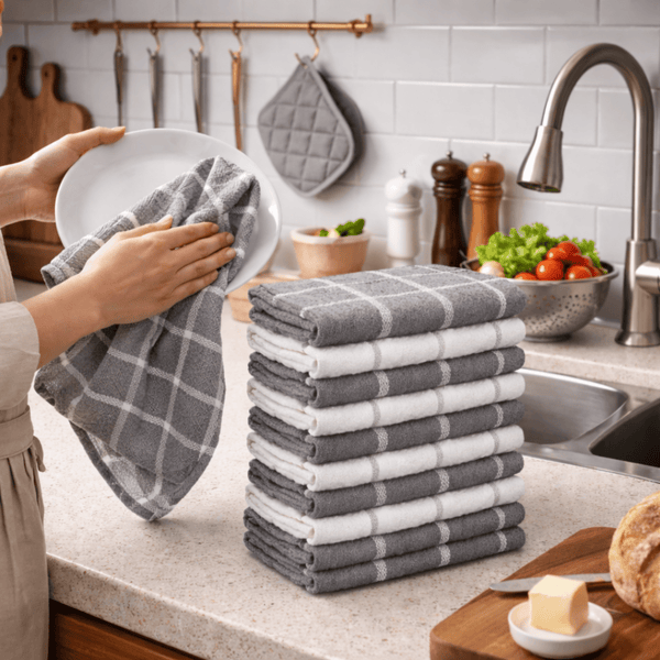 Pack of 10 & 5 Terry Toweling 100% Cotton Dish Cloths Catering Bar Towel Super Absorbent Lint Free Quick Dry Heavy Duty Soft Kitchen Tea Towels Dishcloths for Washing Up Scrubbing Machine Washable Extra Large 70 X 40 Cm (Black/ Blue/red Multicolor Check P