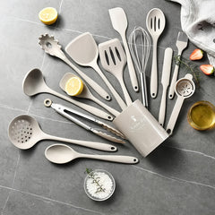 Silicone Kitchen Utensils Set 15pcs, Food Grade Silicone Cooking Utensils with Storage Holder, Non-Scratch Dishwasher Safe Non-Stick Cookware Friendly for Cooking Baking Frying Mixing Stirring Serving Grilling Kitchen Prep, Black & Khaki Available