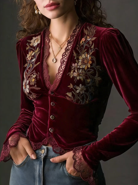Directed Women'S Fashion New Elegant Floral Velvet Shirt Top, Long Sleeves, Lace Stitching, Slim Fit, Solid Color [Gavin]