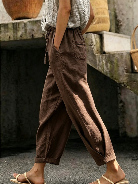 Women's Drawstring Waist Linen-Look Pants, Loose Casual Cropped Trousers with Pockets, Lightweight Summer Pants