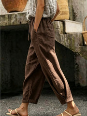 Women's Drawstring Waist Linen-Look Pants, Loose Casual Cropped Trousers with Pockets, Lightweight Summer Pants