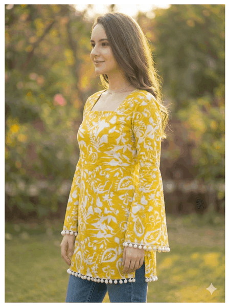 Estationeryhouse Cotton Printed Kurta Top, Long Sleeves, with White Tassels and Drawstring for Adjusting at Back
