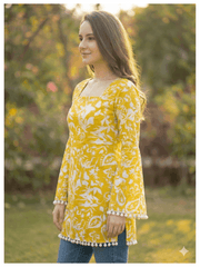 Estationeryhouse Cotton Printed Kurta Top, Long Sleeves, with White Tassels and Drawstring for Adjusting at Back