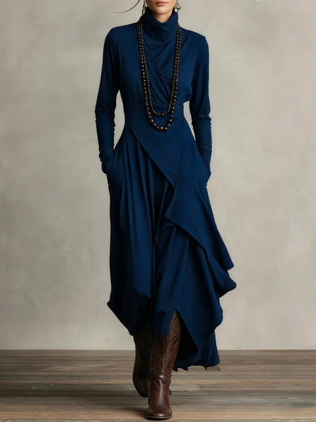 Women'S French-Style A-Line Dress | Slim-Fit Long Sleeve High Neck Midi Skirt, Solid Color Versatile Commuting Dress for Office & Outerwear, Elegant French Long Dress for All-Season Wear, XIUDEEN (Hand Wash/Dry Clean)