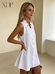 Women's Scalloped Edge Ruffle V-Neck Mini Dress, Casual Sleeveless Swing Dress for Daily