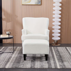 White Teddy Fabric Lounge Chair with Ottoman - 69x58x85.5cm Plush Armchair, Sponge Cushion & Plywood Frame, for Living Room/Bedroom (Black Wooden Legs)