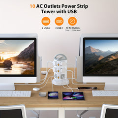SooPii 10-Outlet Power Tower with 4 USB, Multi Plug Power Extension Strip with 10AC Outlets, 2 USB & 2 USB-C Ports, Surge Protector, 2m Extension Cable, 4000W/16A Extension Power Cord for Home Office, White, Christmas Gifts, Gifts.
