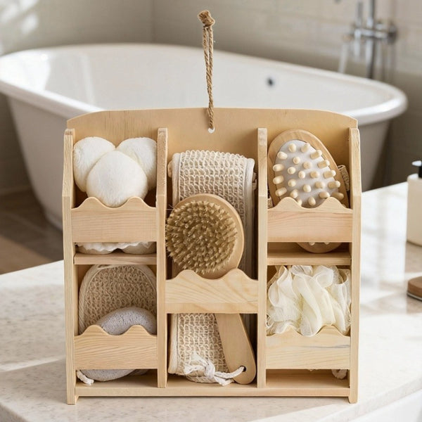Women Bath Brush Box Set 7pcs with Foot Scrub Stone Massager Bath-Sponges Body Brush Lightweight Shower Accessories for Women Home Spa Travel 30x30x6cm