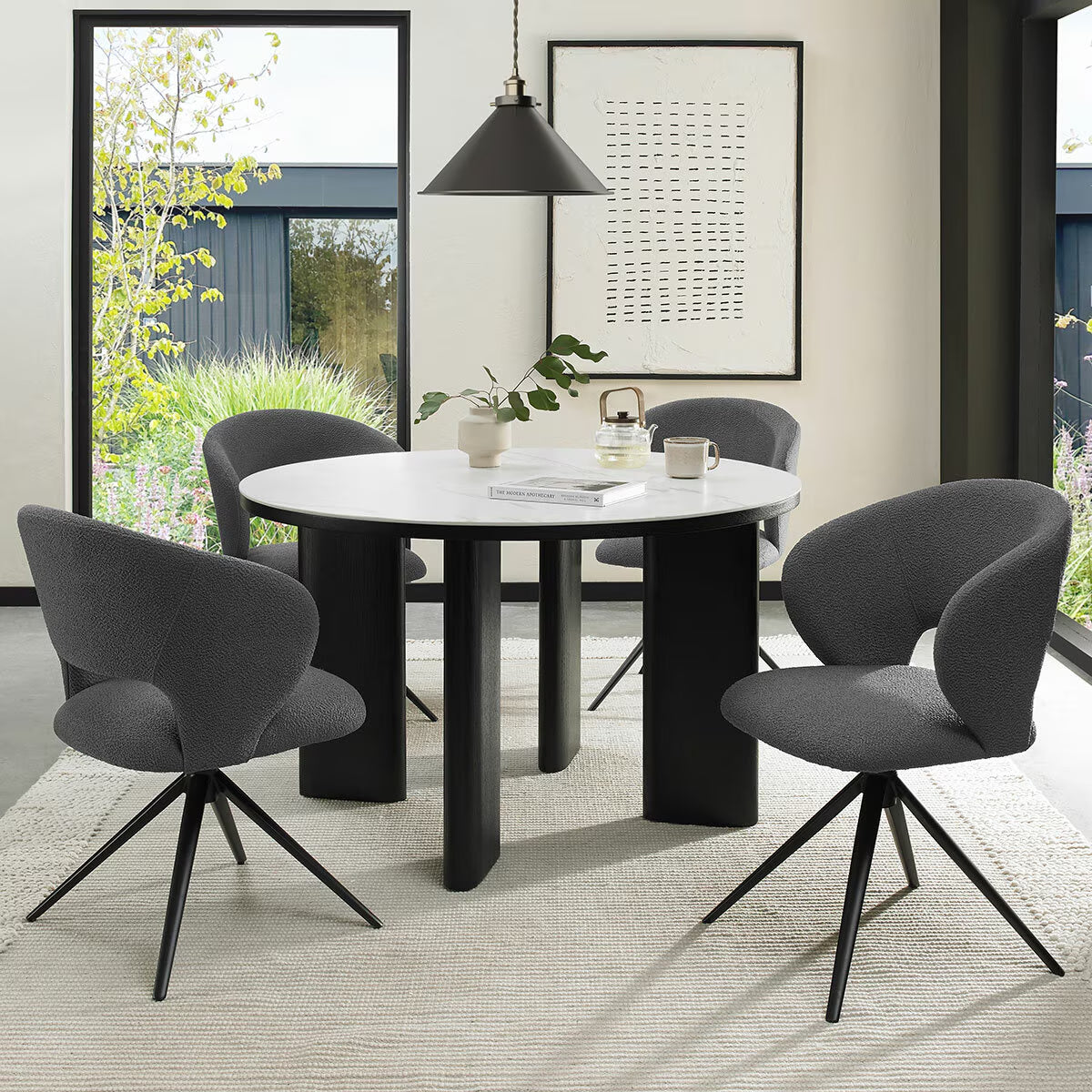 Bentley Designs Alisa round Sintered Stone Dining Table + 4 Grey Chairs