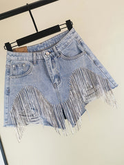 Women's High Waisted Rhinestone & Pearl Tassel Denim Shorts - Ripped Frayed Raw Hem with Sparkly Chain Fringe, Stretch Denim Hot Pants Suitable for Club Party Night Out, Machine Washable Sexy Fringe Hem Shorts