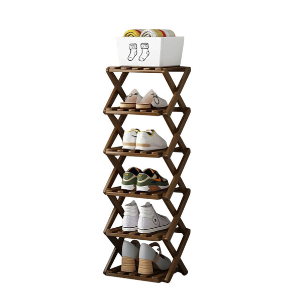 4/5/6/7 Tiers Bamboo Wooden Shoe Rack, Vertical Shoe Racks Storage Shelves Tall Shoe Tower, Collapsible Narrow Shoe Stand, Installation Free Folding X-Shape Shoe Racks Sneakers Slippers Holder Organizer, Multi Functional Shoe Rack Durable Footwear Cabinet