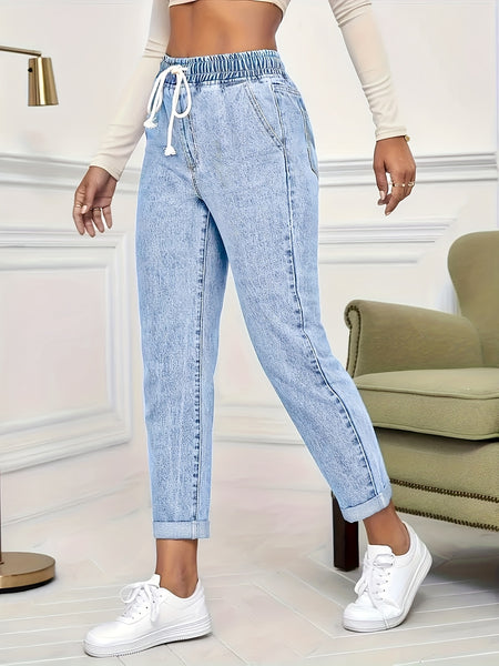 Ladies' 2026 New Stretch Elastic Drawstring Slim Cropped Jeans, Acid Wash Blue Cuff Straight Denim Trousers, Elegant Women's Clothing, Tapered Pantalones for All Seasons, Mom Pants with Pockets, High Waisted Tummy Control Travel Casual Pants