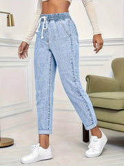 Ladies' 2026 New Stretch Elastic Drawstring Slim Cropped Jeans, Acid Wash Blue Cuff Straight Denim Trousers, Elegant Women's Clothing, Tapered Pantalones for All Seasons, Mom Pants with Pockets, High Waisted Tummy Control Travel Casual Pants