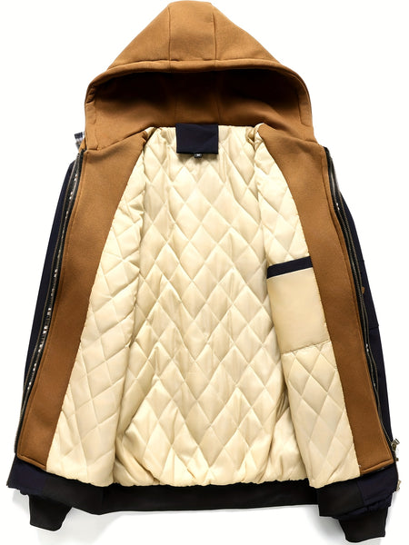 Men'S Plaid Hooded Zip-Up Jacket - Casual Loose Fit, Brown & Black Checkered Pattern, Drawstring Hood, Long Sleeves, Polyester Lining, Perfect for Spring, Fall & Winter, Autumn Winter Jacket | Plaid Pattern Jacket | Zippered Jacket