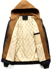 Men'S Plaid Hooded Zip-Up Jacket - Casual Loose Fit, Brown & Black Checkered Pattern, Drawstring Hood, Long Sleeves, Polyester Lining, Perfect for Spring, Fall & Winter, Autumn Winter Jacket | Plaid Pattern Jacket | Zippered Jacket