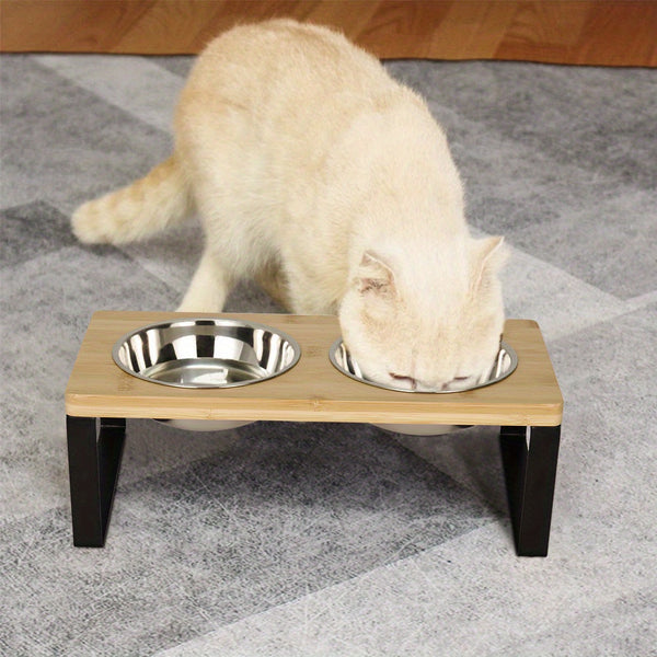 Raised Cat Food Bowl Elevated Pet Feeder With 2 Stainless Steel Bowls, 15°Tilted Stand Indoor Cats Double Dishes Feeding Station, 33*16*12cm
