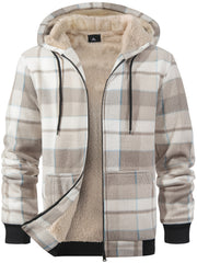 Men's Heavyweight -Lined Hooded Jacket - Full-Zip Plaid Thickened Shirt with Pockets and Adjustable Drawstring, Comfortable and Warm for Autumn and Winter