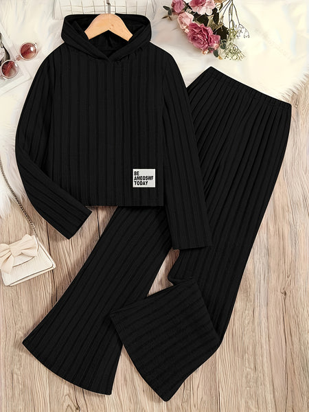 A Set of Women's Ribbed Letter Applique Hoodie and Flared Pants