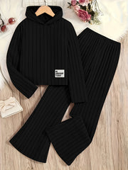 A Set of Women's Ribbed Letter Applique Hoodie and Flared Pants