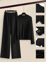 Women's 2pcs Set with Side Stripe| Crewneck Sweater & Relaxed Fit Straight Leg Pants| Soft Loungewear for Spring Autumn | European Casual Y Style