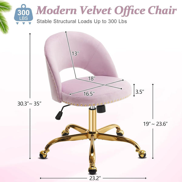 Office Chair Velvet Fabric Swivel Computer Desk Chair Comfy Armless Vanity Task Chair With Adjustable Height, Ergonomic Chair for Home Bedroom (Delicate Lilac)