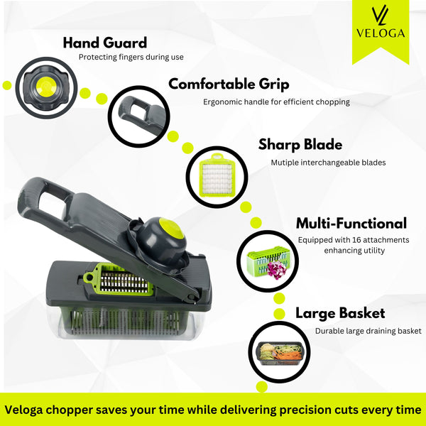Vegetable Chopper – Veloga 16-in-1 Mandoline Slicer & Dicer, Multi-Function Kitchen Gadget with Adjustable Blades, Salad Chopper & Food Slicer for Easy Meal