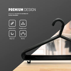 KEPLIN Adult Plastic Coat Hangers - 25Pk, Black Colour, Strong Clothes Hangers for Clothes Rail & Closet, Clothing Hanger with Suit Pants Trouser Bar and Clips, Space Saving, 37.5 Cm Wide