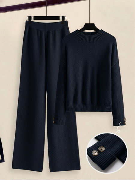 Women's 2pcs Set with Side Stripe| Crewneck Sweater & Relaxed Fit Straight Leg Pants| Soft Loungewear for Spring Autumn | European Casual Y Style