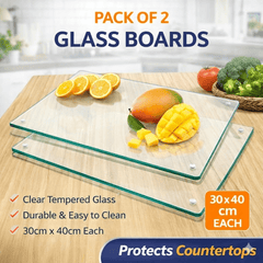 2 Pack of 40 * 30cm Safe Hygienic Glass Chopping Board, Worktop Savers，Clear Chopping Board Glass Tray for Kitchen Counter