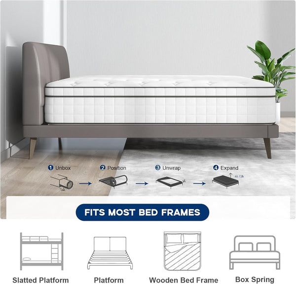 Lazzo Rocco 1st Generation 5FT White Mattress – 10.6 Inch Innerspring Hybrid with Pocket Spring & Breathable Foam, Medium Plush for Cool Comfort Sleep twin size mattress memory