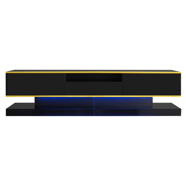 180cm LED TV Stand with 3 Drawers & Open Shelf, High Gloss Modern TV Cabinet with RGB Lights & Gold Trim, PB Board Entertainment Center for Living Room, Gaming & Home Theater - Holds up to 65 Inch TV, Smooth Glide Drawers, Scratch-Resistant, Easy Assembly