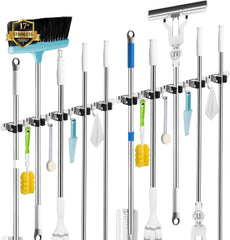 Broom and Mop Holder - Wall Mounted 5 Holders + 4 Hooks with Nails Installation, Stainless Steel, Self Adhesive, Heavy Duty Gripper