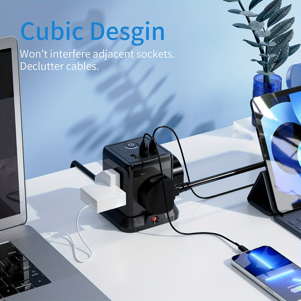Cube Extension Lead with 3 USB Slots 13A 3250W Hulker 4 Gang Plug Extension Socket with Switch 4 Way Power Strip with 3 USB Port 1.5m Extension Cord Black for Home Dorm Office Travel