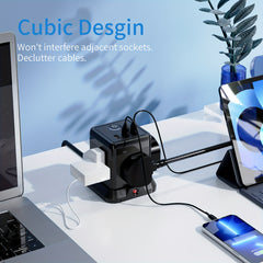 Cube Extension Lead with 3 USB Slots 13A 3250W Hulker 4 Gang Plug Extension Socket with Switch 4 Way Power Strip with 3 USB Port 1.5m Extension Cord Black for Home Dorm Office Travel