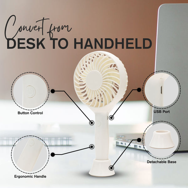 Tanness White/Black Handheld Fan with 3 Speeds - 3000 mAh USB Rechargeable Portable Mini Fan with Stand - Desk & Handheld Use