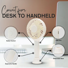 Tanness White/Black Handheld Fan with 3 Speeds - 3000 mAh USB Rechargeable Portable Mini Fan with Stand - Desk & Handheld Use