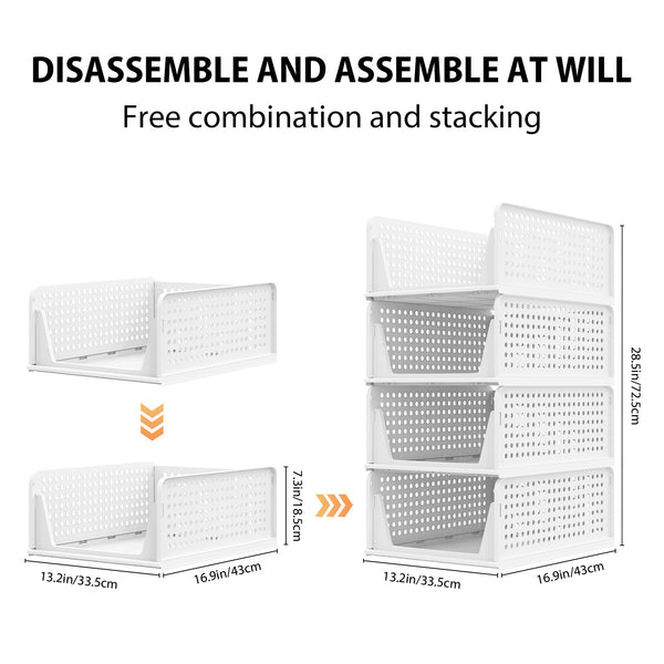 Set of 4 Stackable Foldable Wardrobe Storage Box Organizer, Plastic White Wardrobe Shelves Closet Organiser Box, Pull Out Like a Drawer, Suitable for Home, Bedroom, Kitchen (Easy Open and Folding)