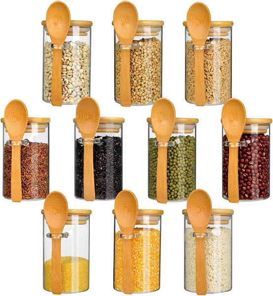 Glass Food Storage Jar,100% Sealed Borosilicate Glass Jars with Bamboo Lid and Bamboo Spoon for Candy, Spices, Coffee Beans, Nuts, Condiments, Cookies, Flour,Tea, 350Ml/12Oz (01)