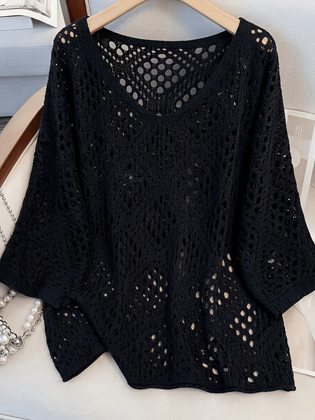 Plus Size - Plus Size - Plus Size Women'S Cashew Flower Loose Temperament Hollow Round Neck Pullover Long Sleeve Sweater