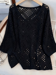 Plus Size - Plus Size - Plus Size Women'S Cashew Flower Loose Temperament Hollow Round Neck Pullover Long Sleeve Sweater