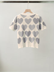 Women'S Korean-Style Heart-Shaped Printed Set - Short-Sleeved Beaded Top And Sweatpants, Casual Elegant Heart Pattern Outfit, Round Neck with Pockets, Casual Wear/Elegant /Beaded Details, Sweater Set