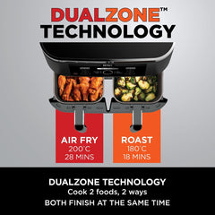 Ninja Foodi Dual Zone Digital Air Fryer, 2 Drawers, 7.6L, 6-In-1, Uses No Oil, Air Fry, Max Crisp, Roast, Bake, Reheat, Dehydrate, Cooks 4-6 Portions, Non-Stick, Dishwasher Safe Baskets, Black AF300UK