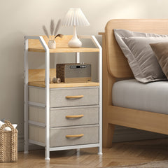 Industrial Rustic End Table with Storage - Nightstand with 3 Fabric Drawers & 2 Shelves, Wood & Metal Bedside Table Suitable for Bedroom, Living Room, Small Spaces - Assembly, Space-Saving
