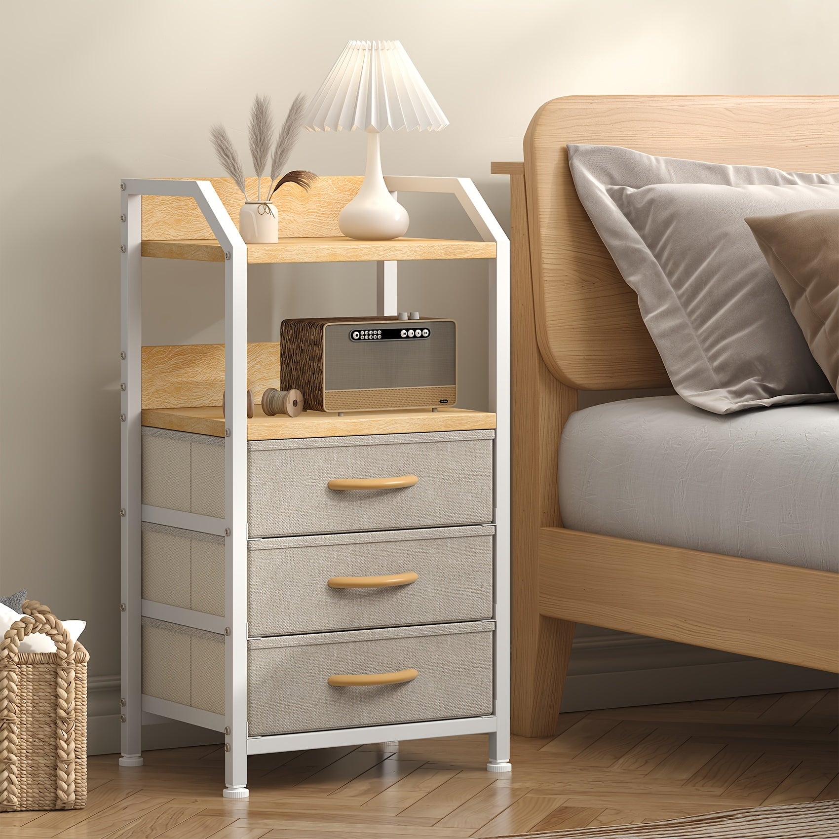 Industrial Rustic End Table with Storage - Nightstand with 3 Fabric Drawers & 2 Shelves, Wood & Metal Bedside Table Suitable for Bedroom, Living Room, Small Spaces - Assembly, Space-Saving